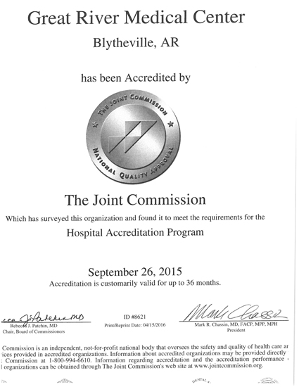 This is a picture of the Document saying that Great River Medical Center Is Accredited by the Joint Commission