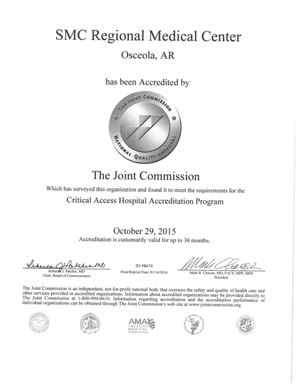 This is a picture of a document of SMC Regional Medical Center being Accredited by the Joint Commission